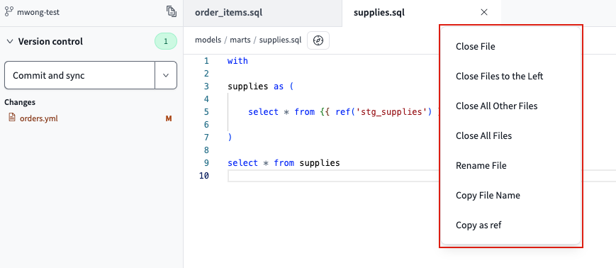 Right-click a tab to view the Editor tab menu options  Right-click a tab to view the Editor tab menu options